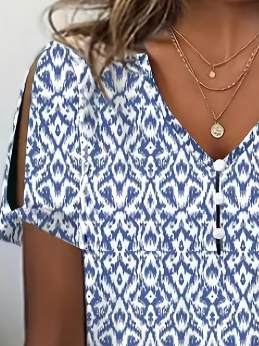 Women's Geometric Print Pearl Button V-Neck Short Sleeve T-Shirt