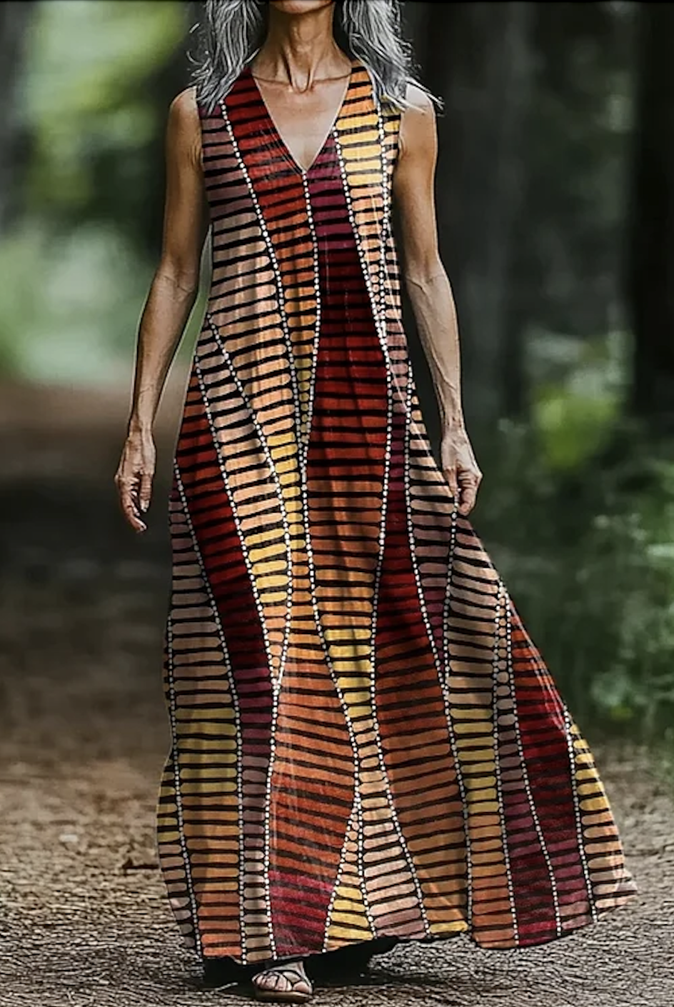 Geometric V Neck Casual Cotton Dress With No