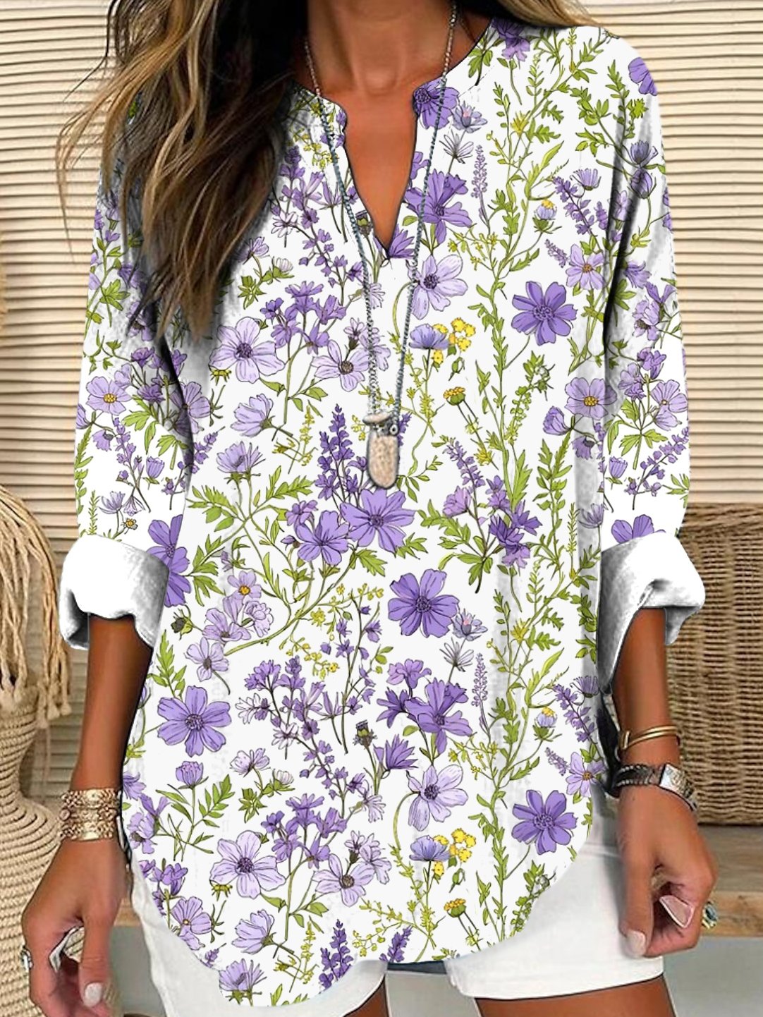 V Neck Regular Fit Casual Cotton Shirt
