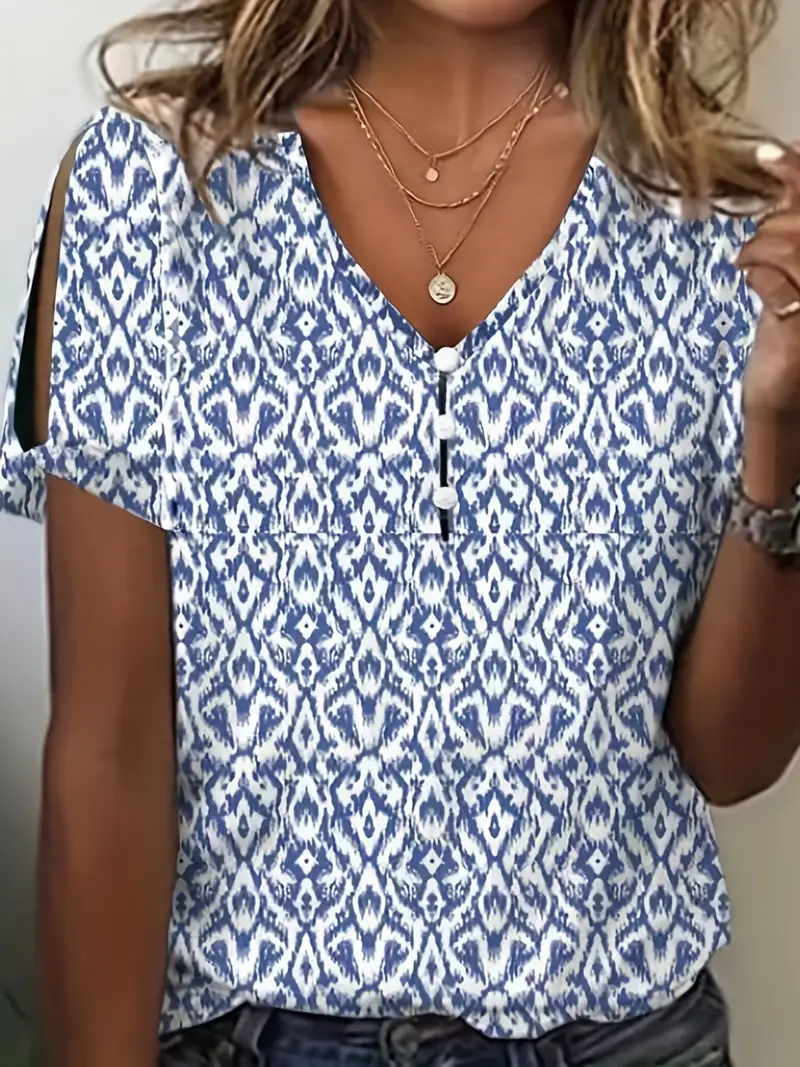 Women's Geometric Print Pearl Button V-Neck Short Sleeve T-Shirt
