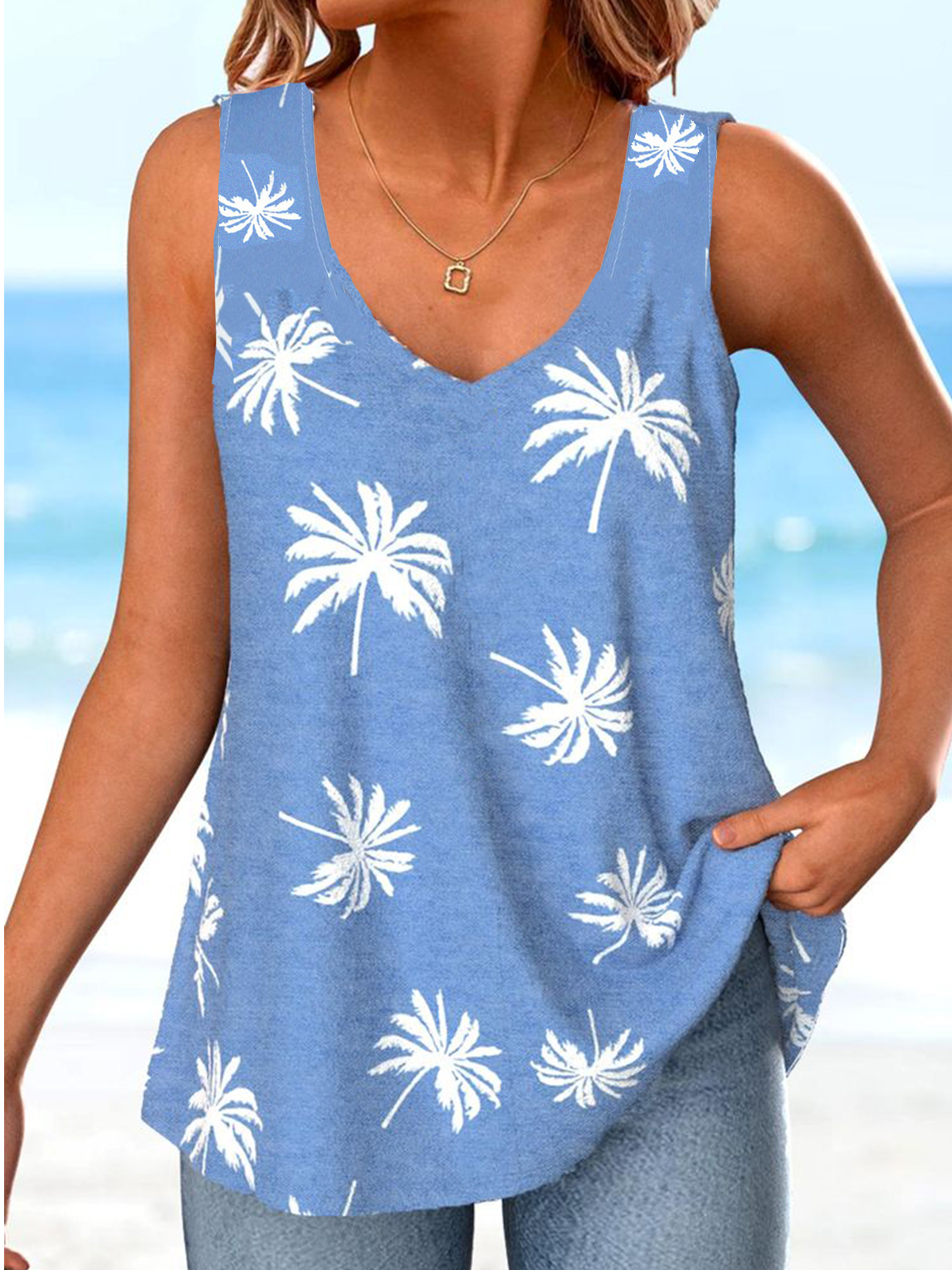 Coconut Tree Loose Casual V Neck T-Shirt