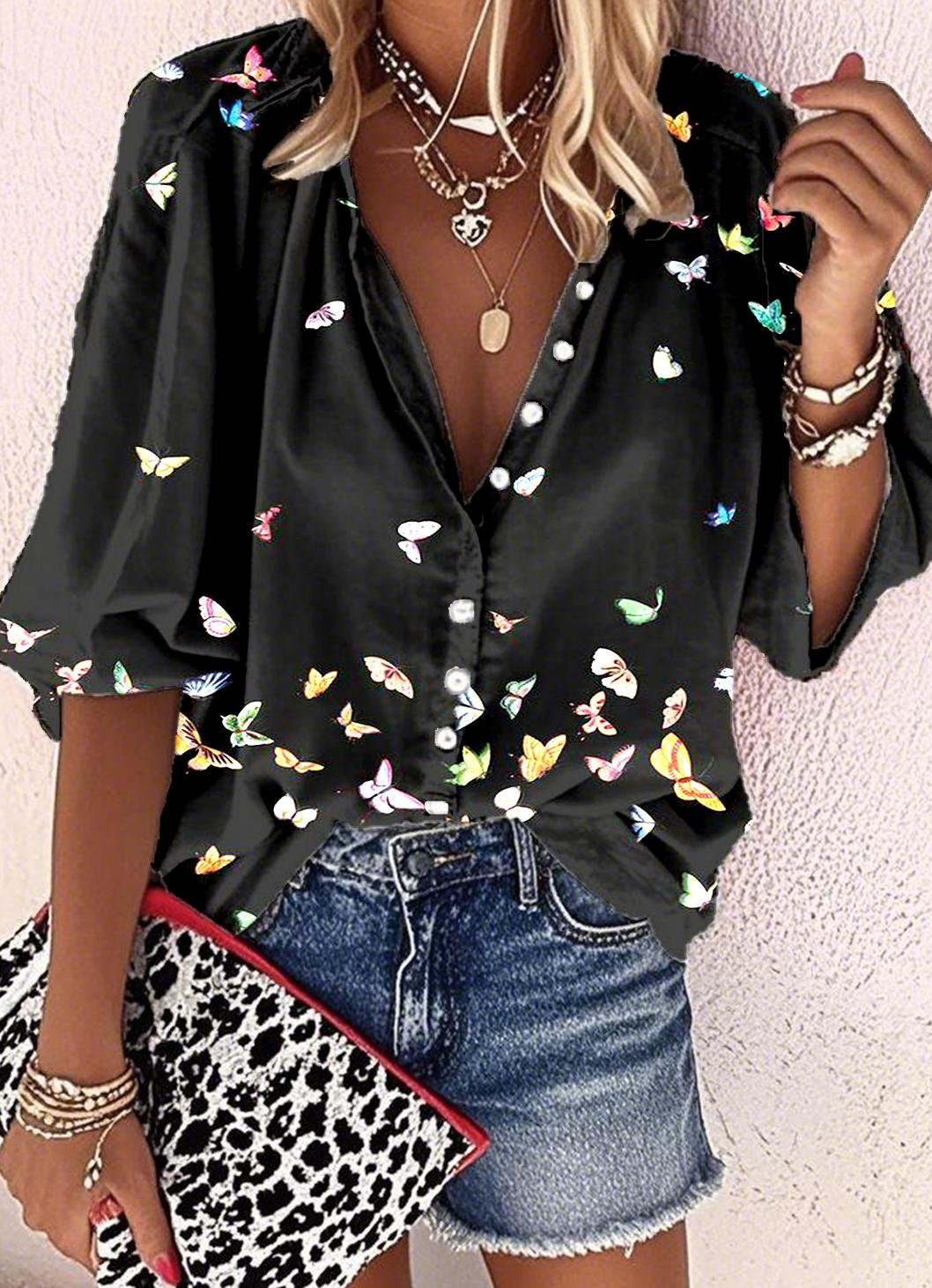 Vintage Linen Blend Loose Butterfly Shirt