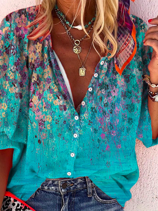 Loose Vintage Mock Neck Gradient Pattern Shirt
