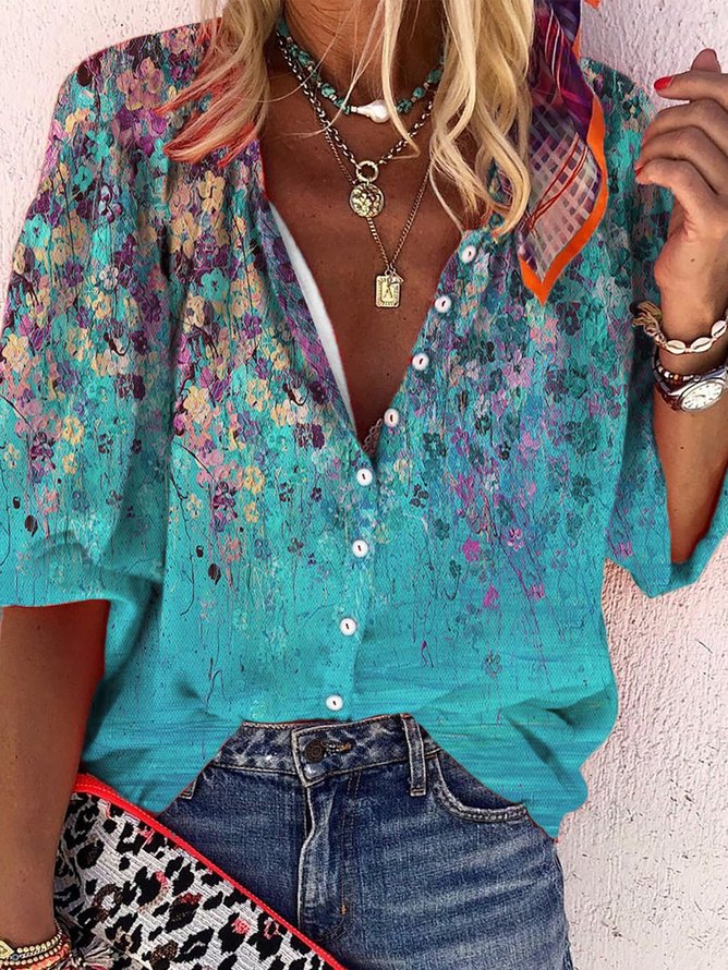 Loose Vintage Mock Neck Gradient Pattern Shirt