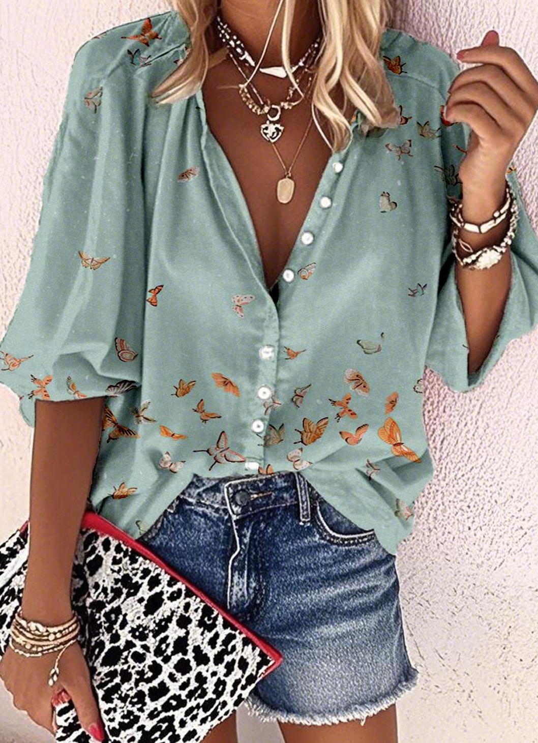 Vintage Linen Blend Loose Butterfly Shirt