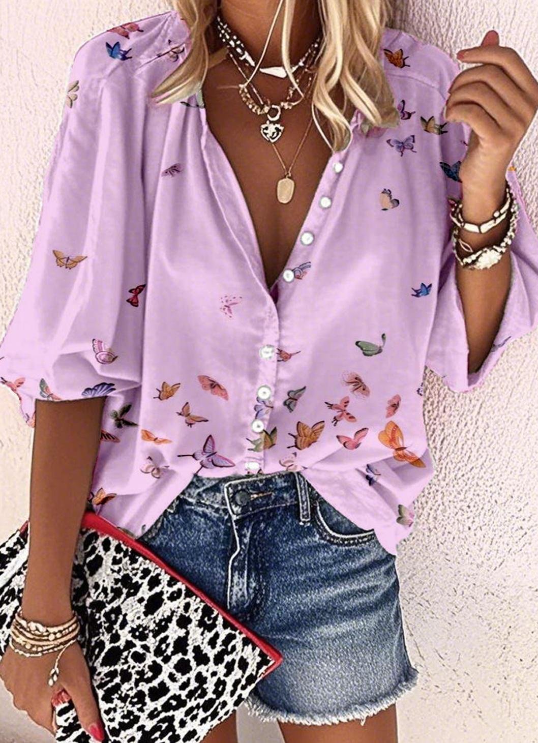 Vintage Linen Blend Loose Butterfly Shirt
