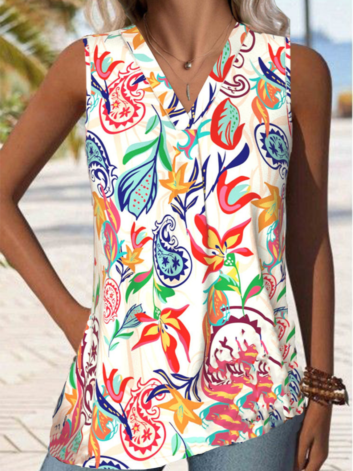 Street Botanical Pattern Loose V Neck Tank Top