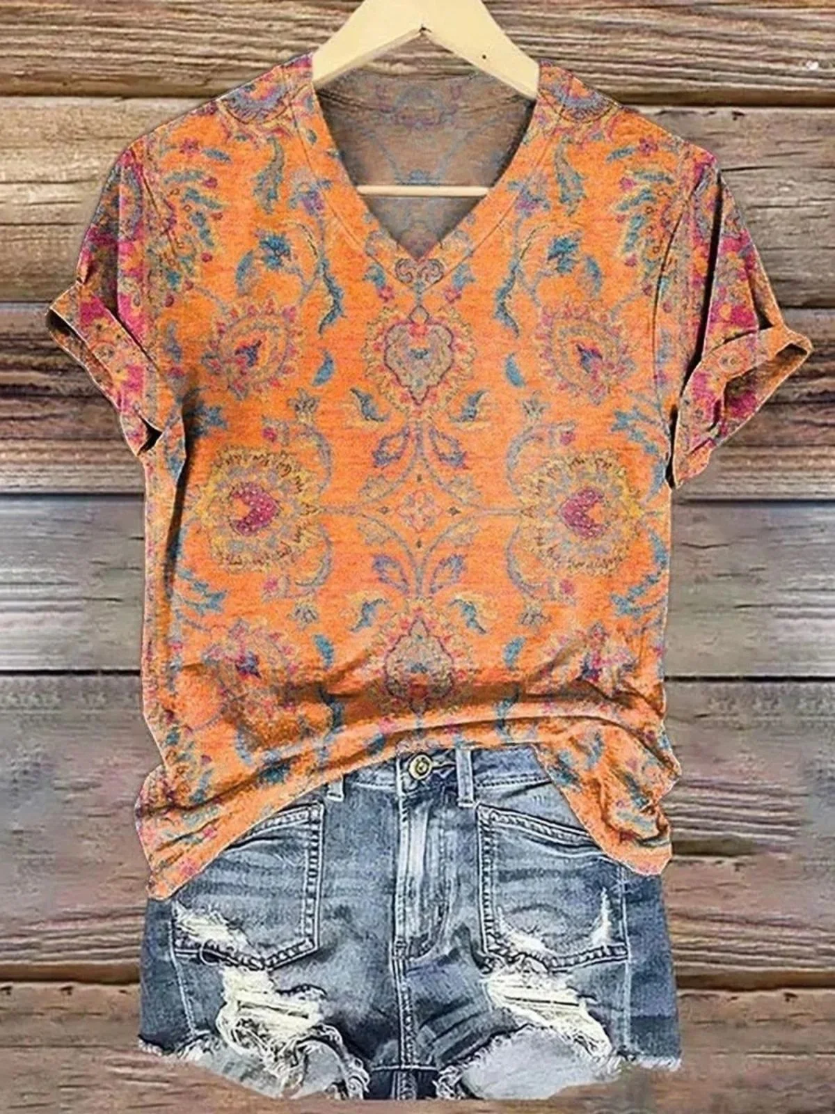 V Neck Casual Ethnic T-Shirt