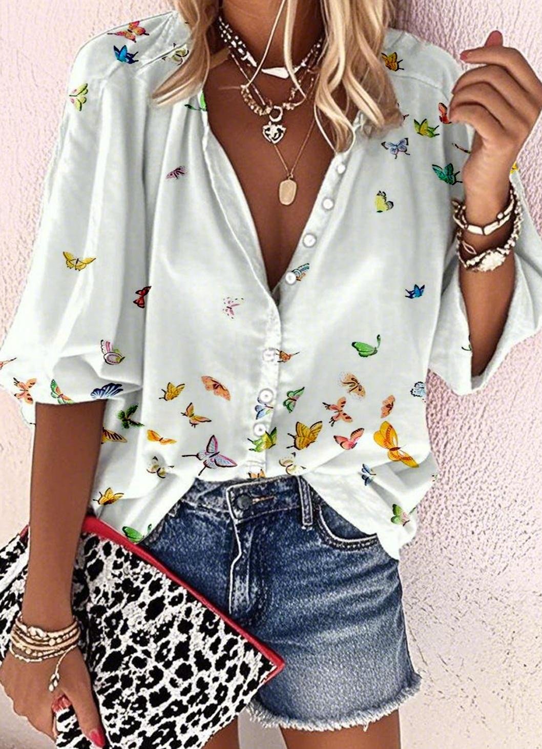Vintage Linen Blend Loose Butterfly Shirt
