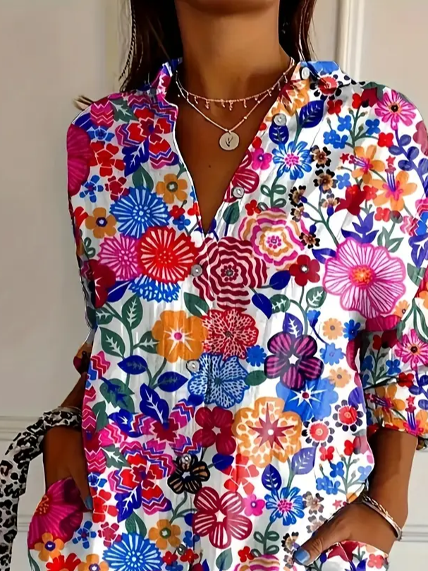 Women's Long Sleeve Shirt Spring/Fall Multicolor Floral Buckle Shirt Collar Daily Going Out Casual Top