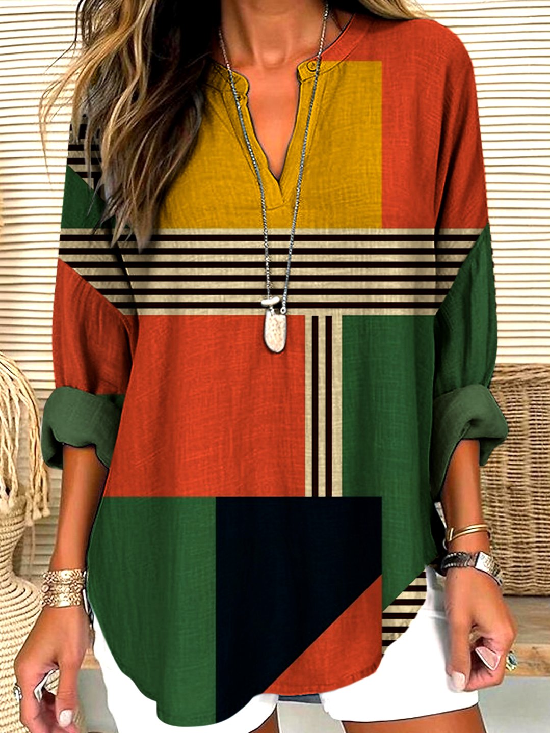V Neck Cotton Casual Shirt