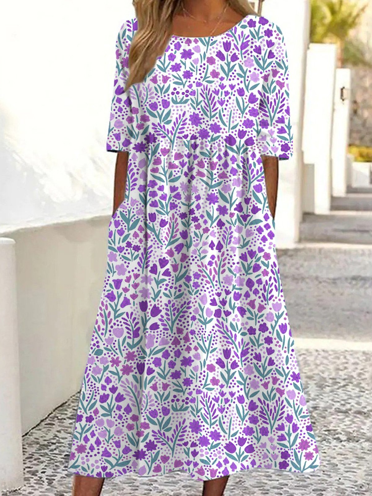 Casual Loose Floral Crew Neck Dress With No