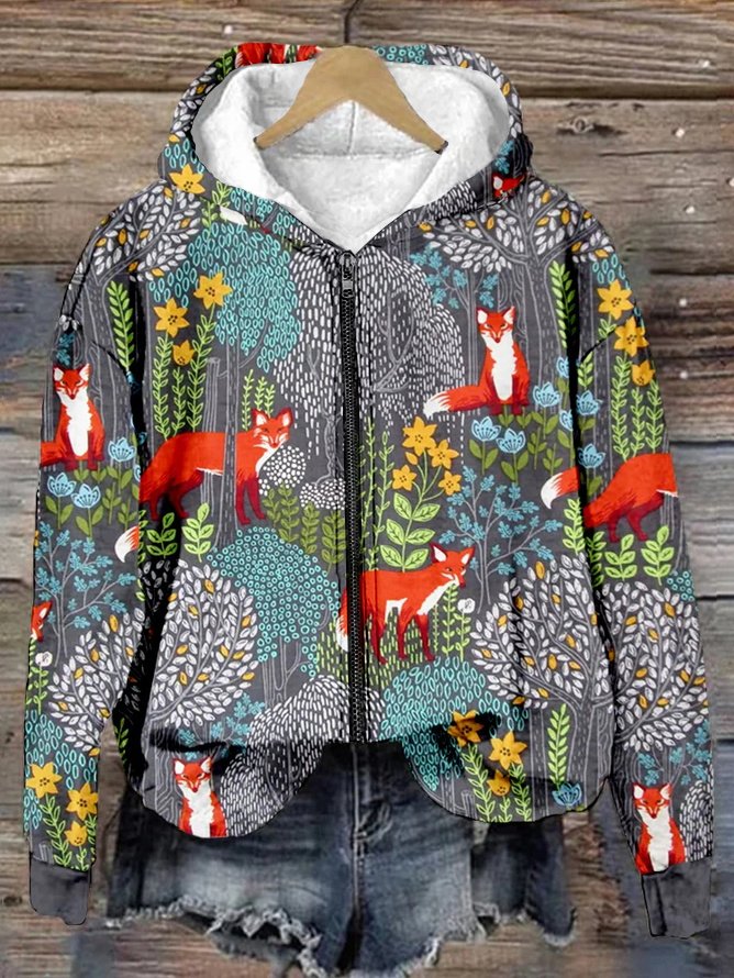 Fox in the Forest Graphic Zip Up Comf Loose Hoodie Simple Hoodie