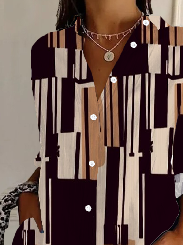 Women's Long Sleeve Shirt Spring/Fall Brown Geometric Buckle Shirt Collar Daily Going Out Casual Top