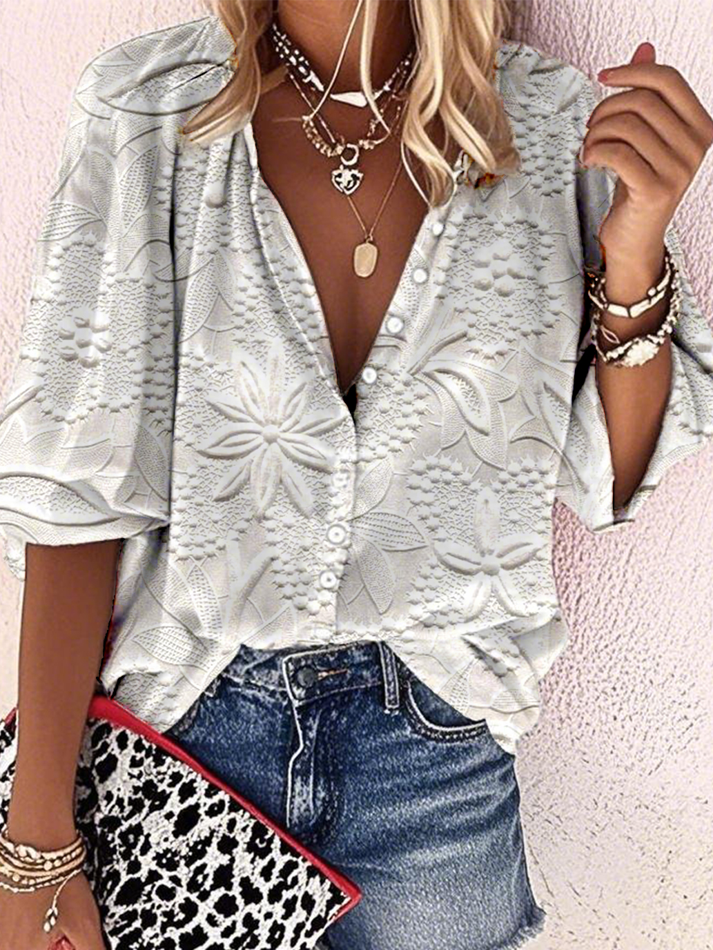 Linen Blend Casual Floral Loose Shirt