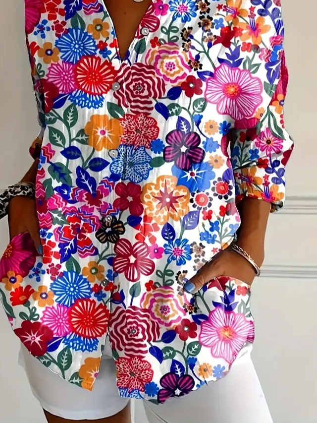 Women's Long Sleeve Shirt Spring/Fall Multicolor Floral Buckle Shirt Collar Daily Going Out Casual Top