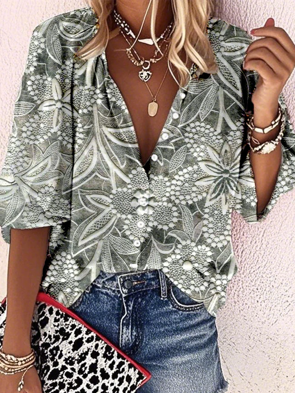 Linen Blend Casual Floral Loose Shirt