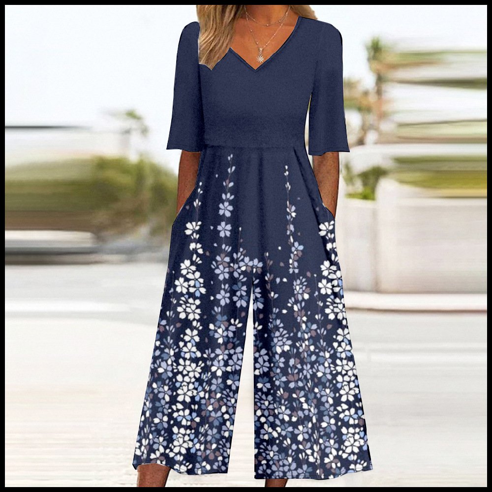 Casual Loose V Neck Gradient Pattern Jumpsuit