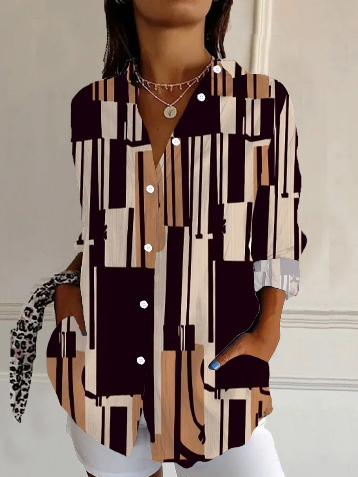 Women's Long Sleeve Shirt Spring/Fall Brown Geometric Buckle Shirt Collar Daily Going Out Casual Top