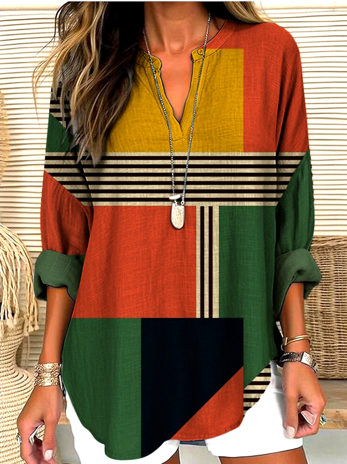V Neck Cotton Casual Shirt