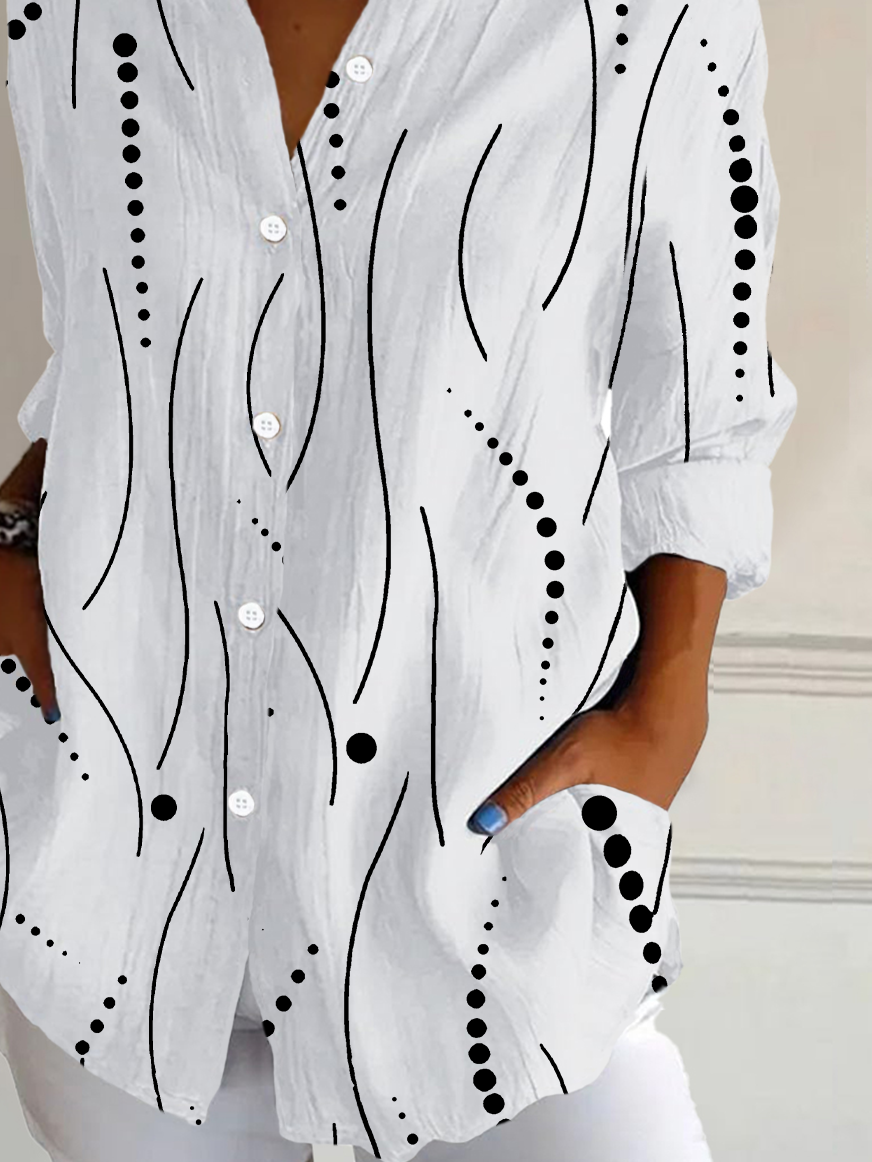 Women's Long Sleeve Shirt Spring/Fall White Polka Dots Buckle Shirt Collar Daily Going Out Casual Top