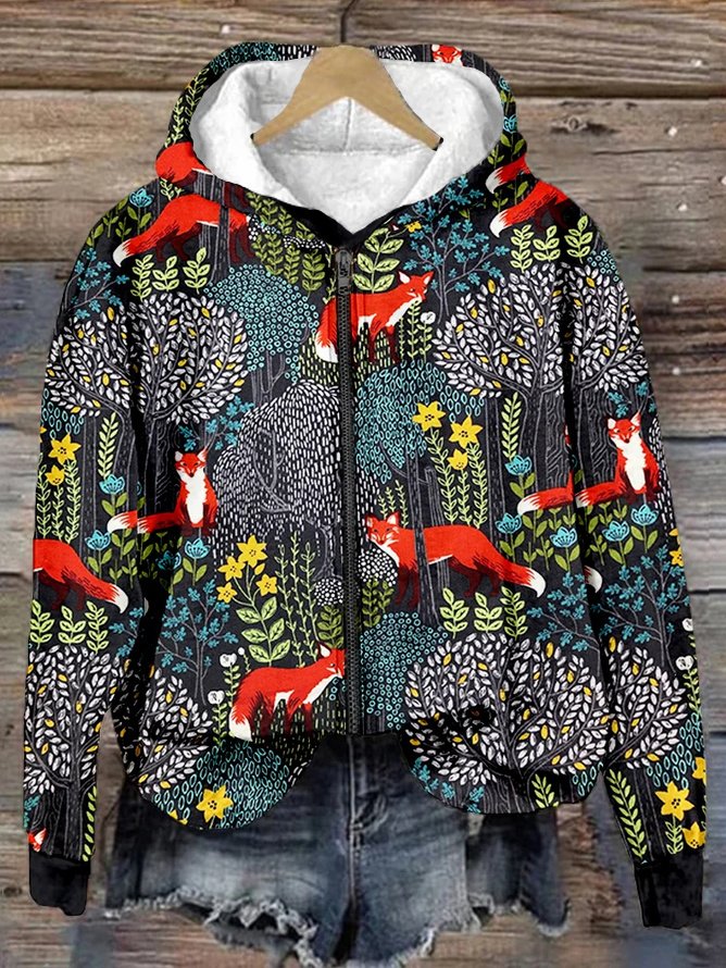 Fox in the Forest Graphic Zip Up Comf Loose Hoodie Simple Hoodie