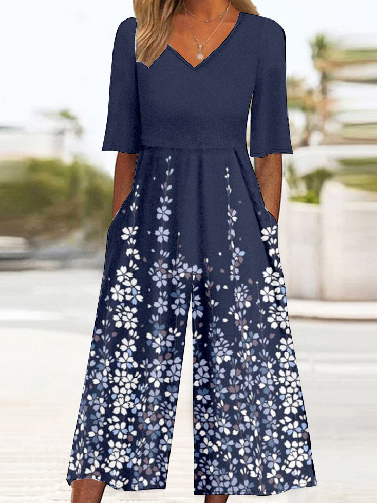 Casual Loose V Neck Gradient Pattern Jumpsuit