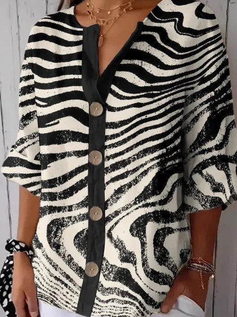 Women's Stripe Art Print Button Linen Blend Shirt