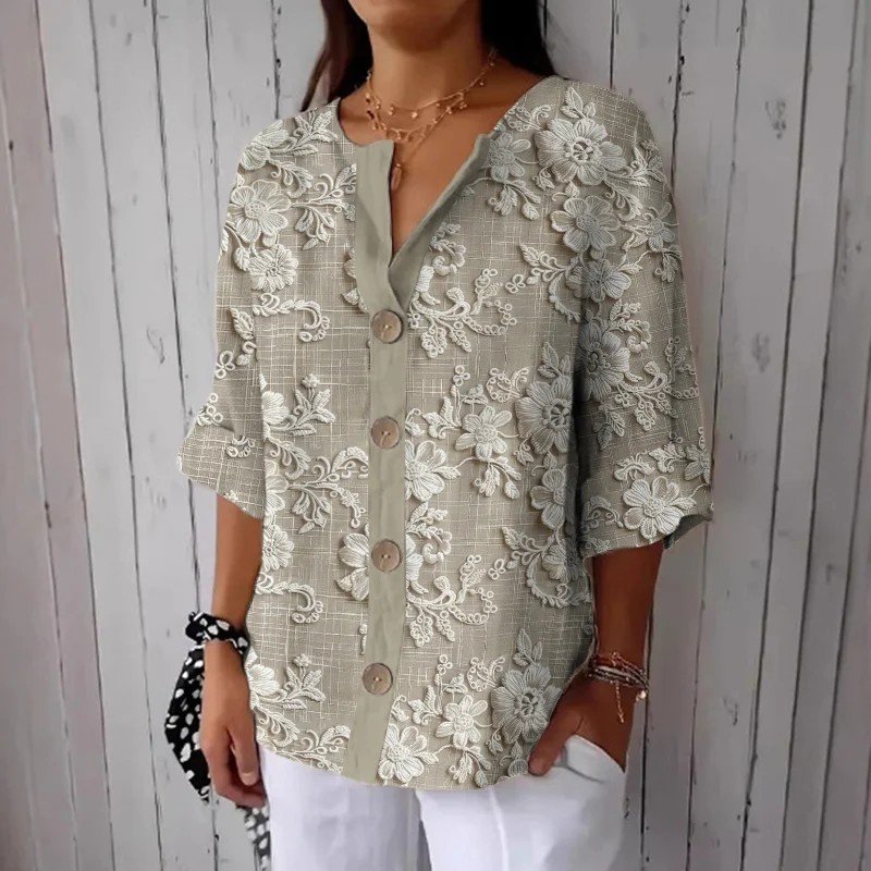 Women's Floral Print Linen Blend Casual Shirt