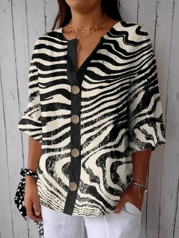 Women's Stripe Art Print Button Linen Blend Shirt