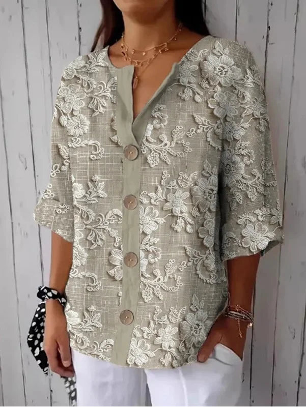 Women's Floral Print Linen Blend Casual Shirt