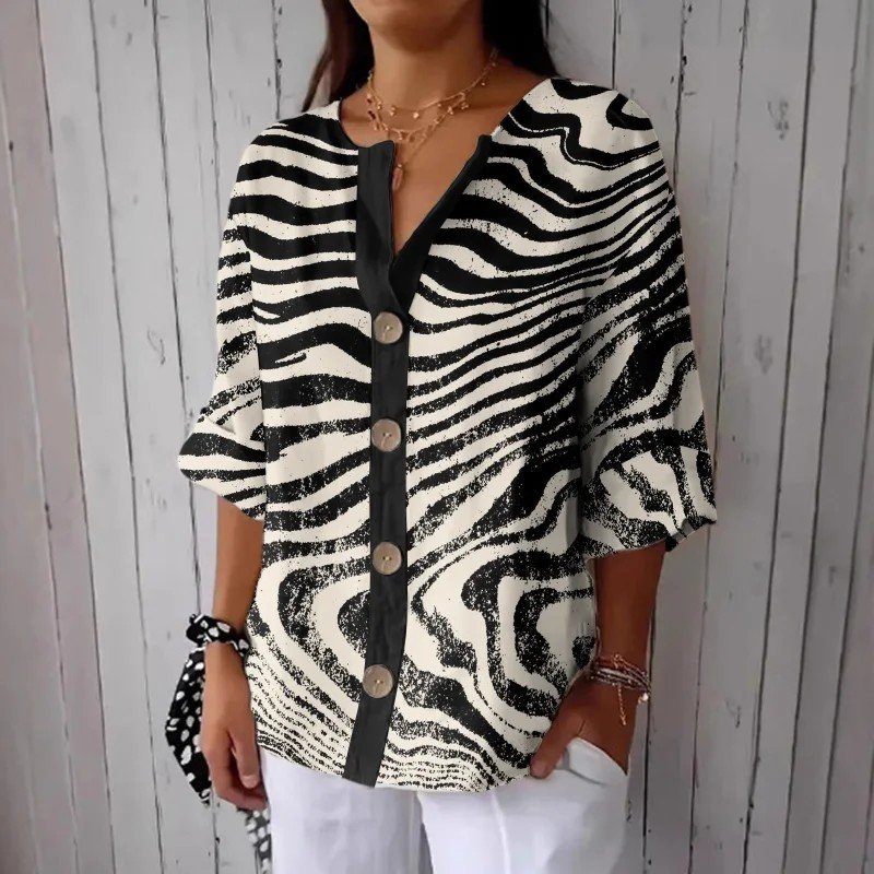 Women's Stripe Art Print Button Linen Blend Shirt