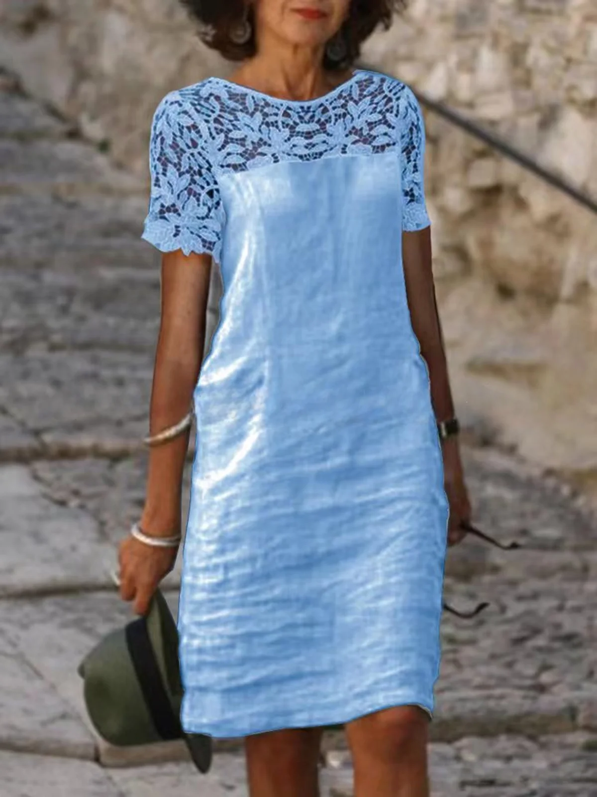Elegant Plain Split Joint Crew Neck Midi Dress