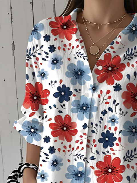 Women's Independence Day Floral Print Casual Shirt