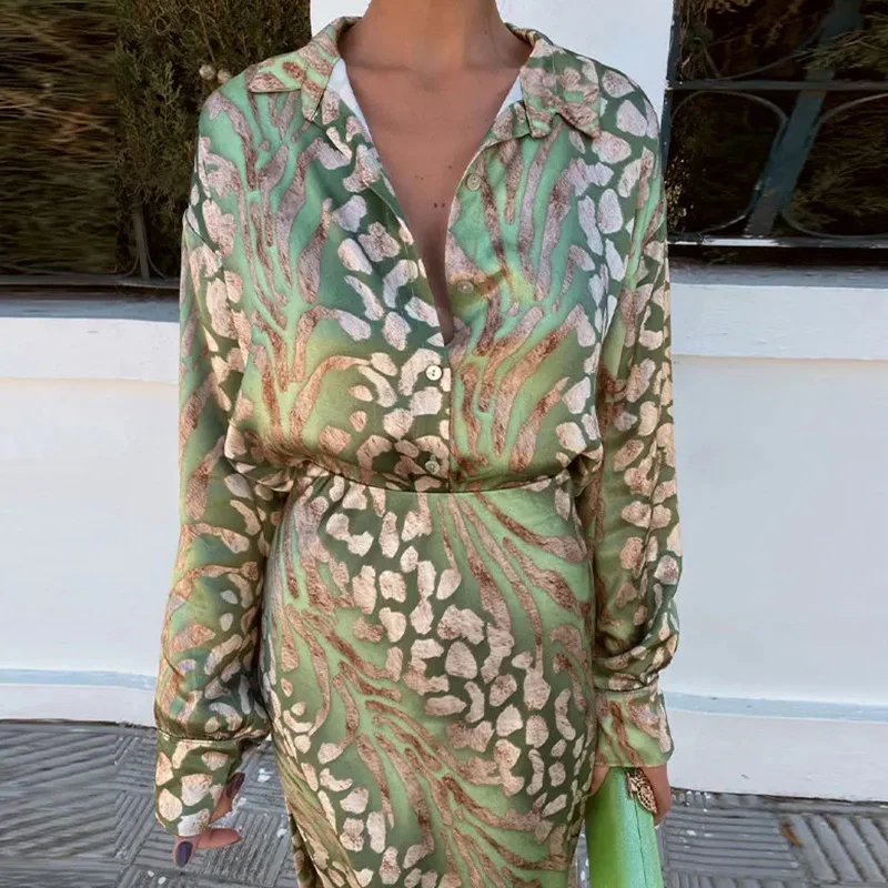 Women's Printing Floral Daily Going Out Two-Piece Set Green Casual Spring/Fall Top With Skirt Matching Set