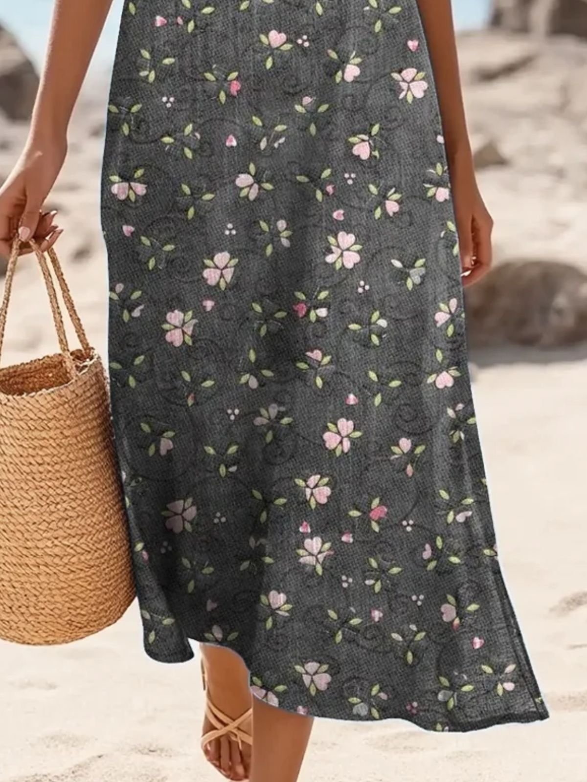 Crew Neck Vacation Floral Cotton Dress With No