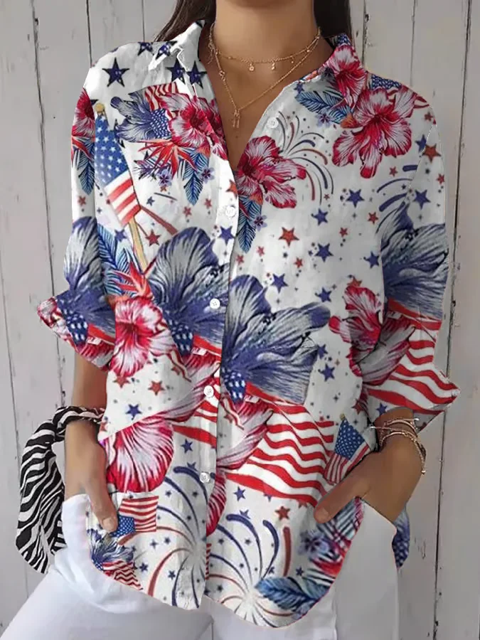 Women's Independence Day Floral Print Casual Shirt