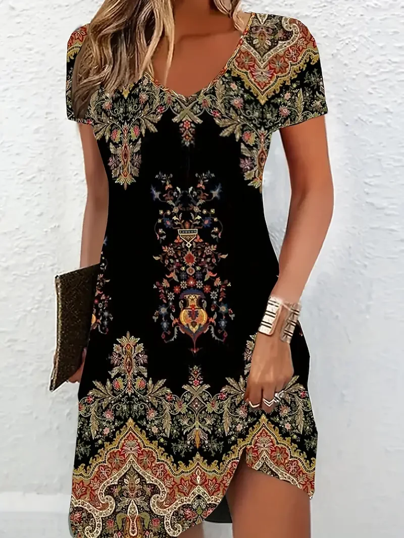 Women's Floral Print Casual V-Neck Short Sleeve Dress