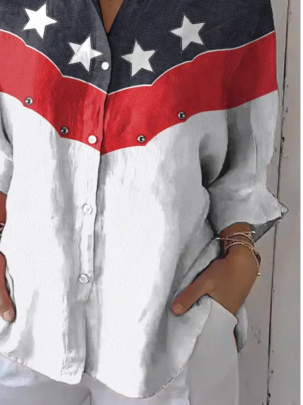 Women's Independence Day Floral Casual Lapel Shirt