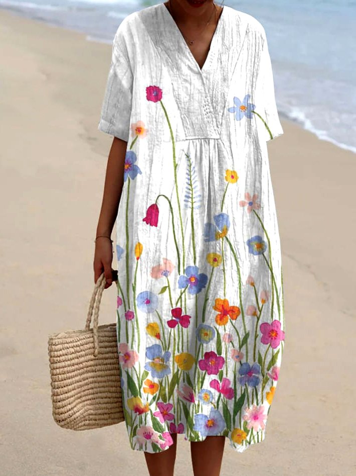 Cotton V Neck Casual Dress With No