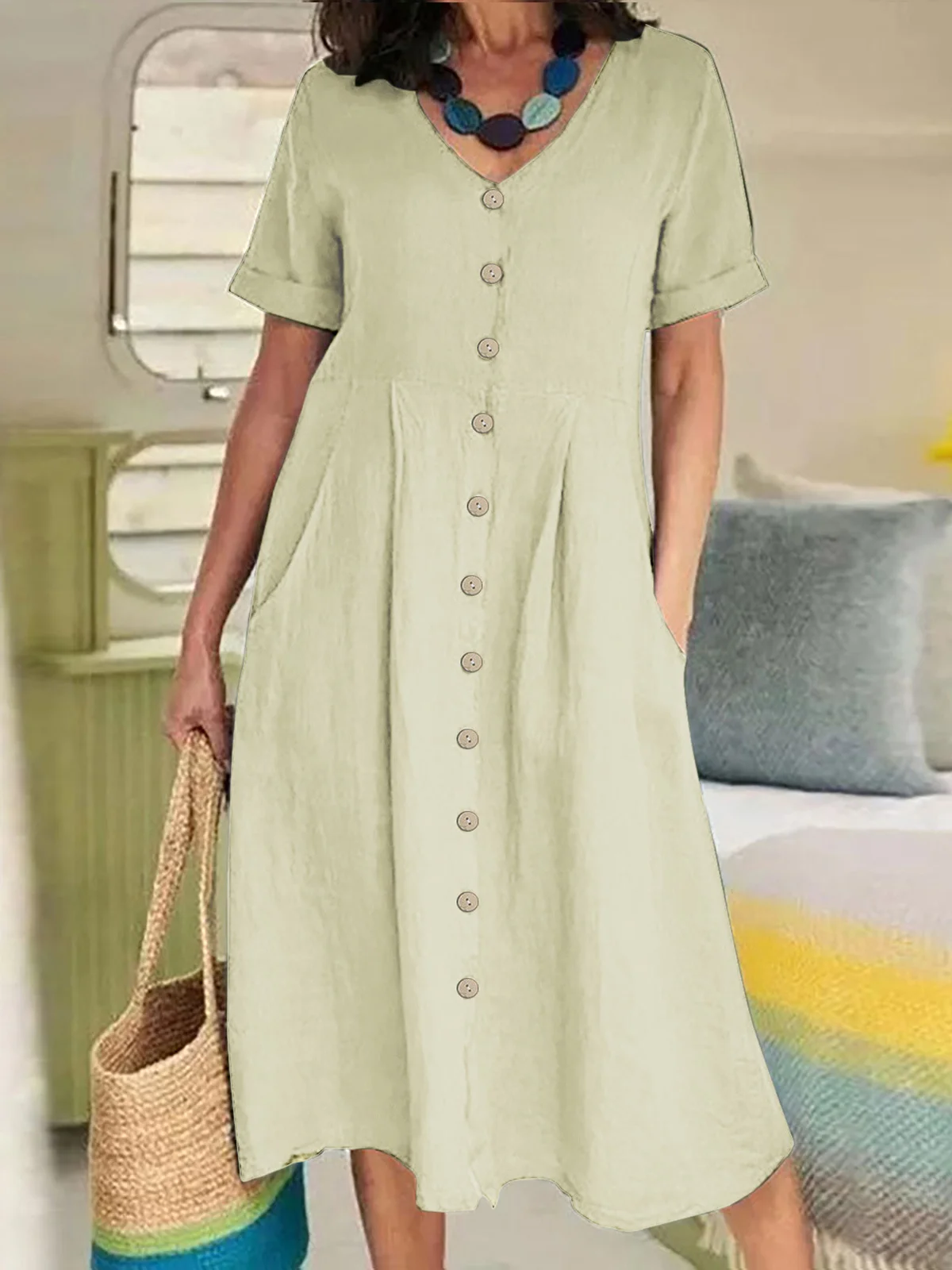 Casual Plain V Neck Maxi Dress