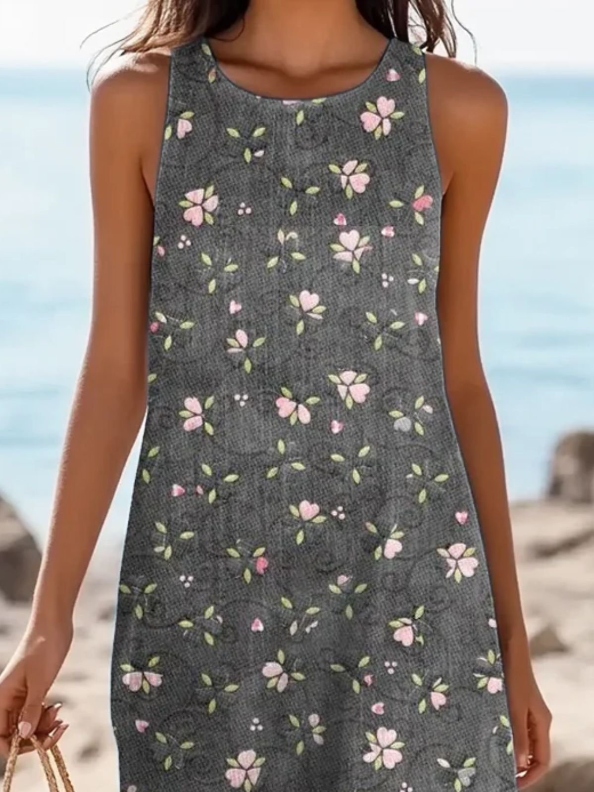 Crew Neck Vacation Floral Cotton Dress With No