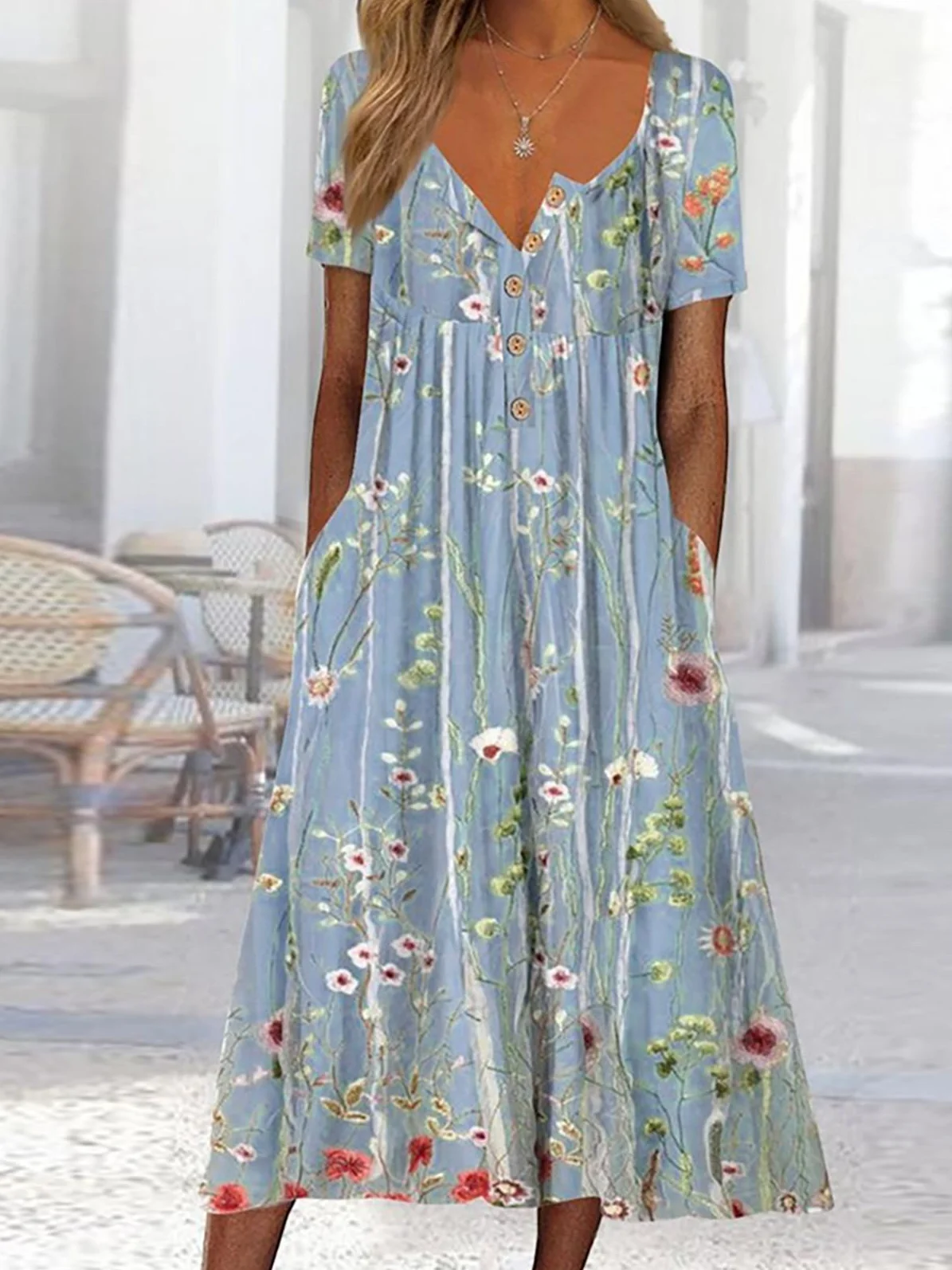 Holiday Half Button Pocket Hem Long Dress