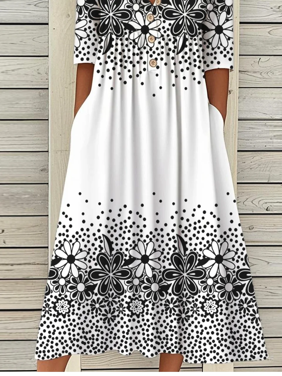 Holiday Half Button Pocket Hem Long Dress