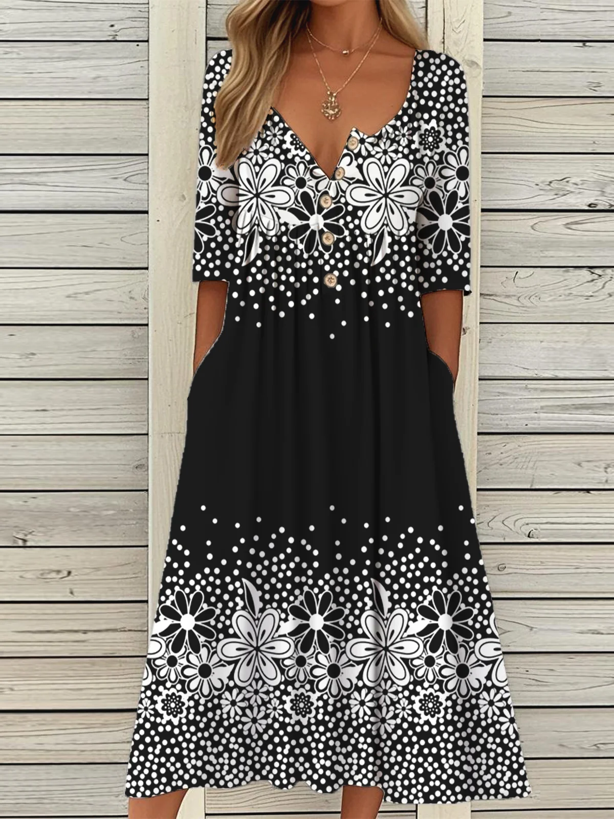 Holiday Half Button Pocket Hem Long Dress