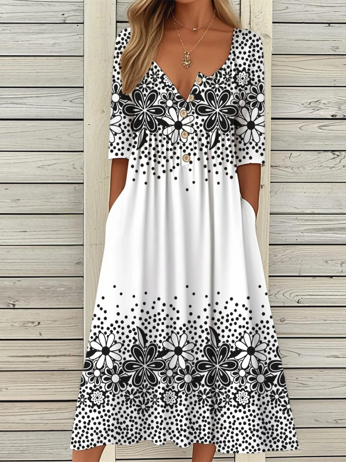 Holiday Half Button Pocket Hem Long Dress