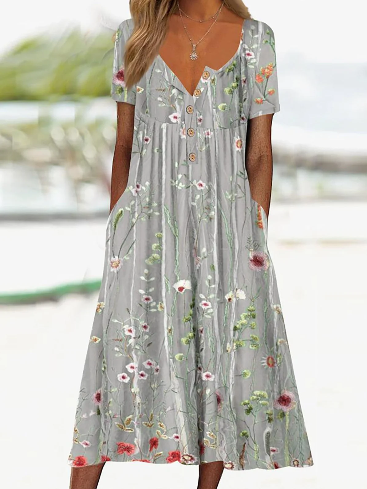 Holiday Half Button Pocket Hem Long Dress