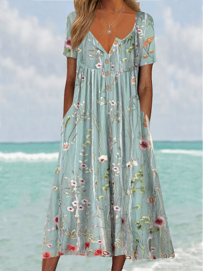 Holiday Half Button Pocket Hem Long Dress