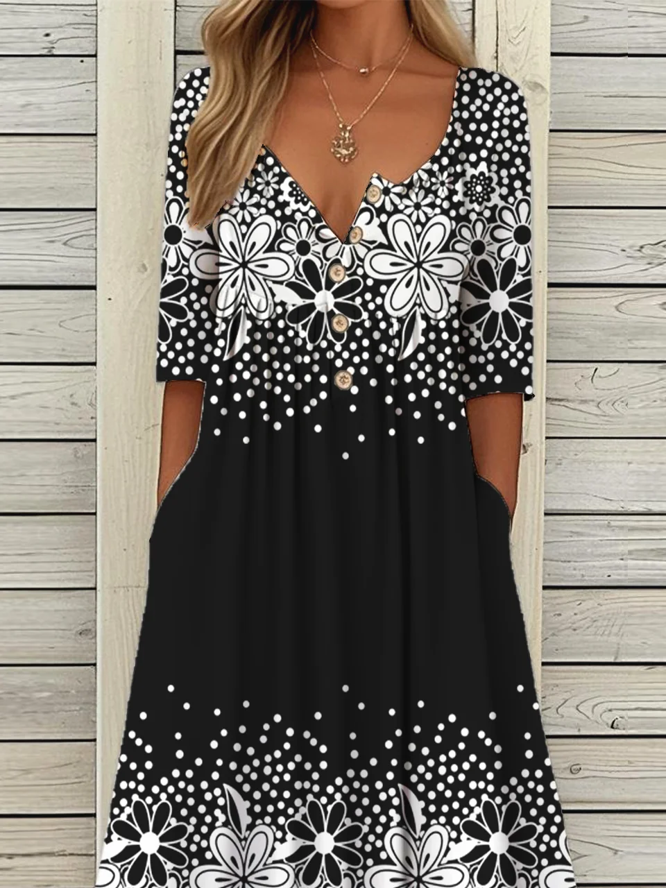 Holiday Half Button Pocket Hem Long Dress