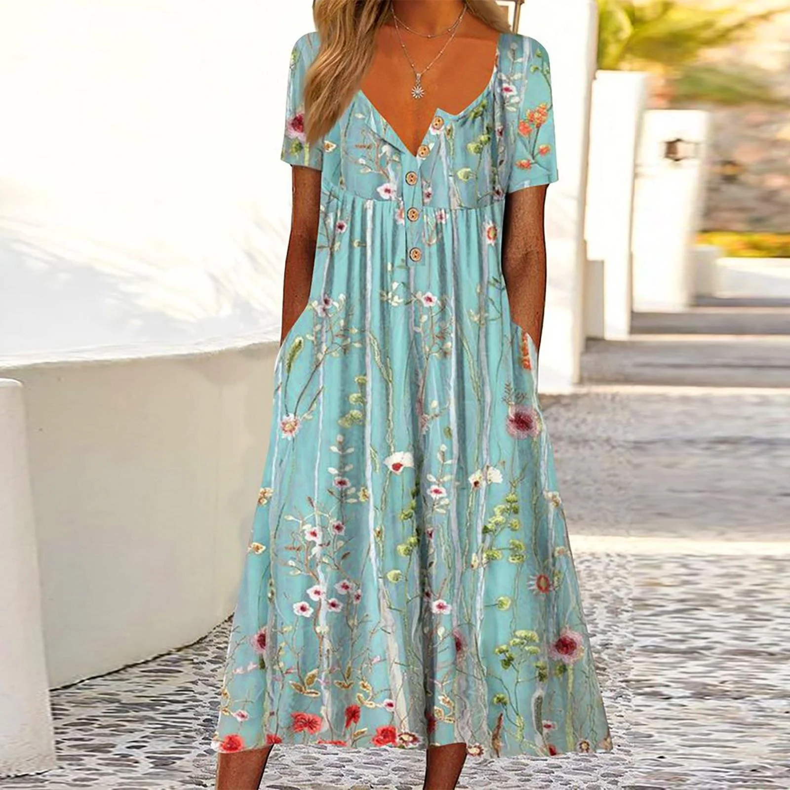 Holiday Half Button Pocket Hem Long Dress